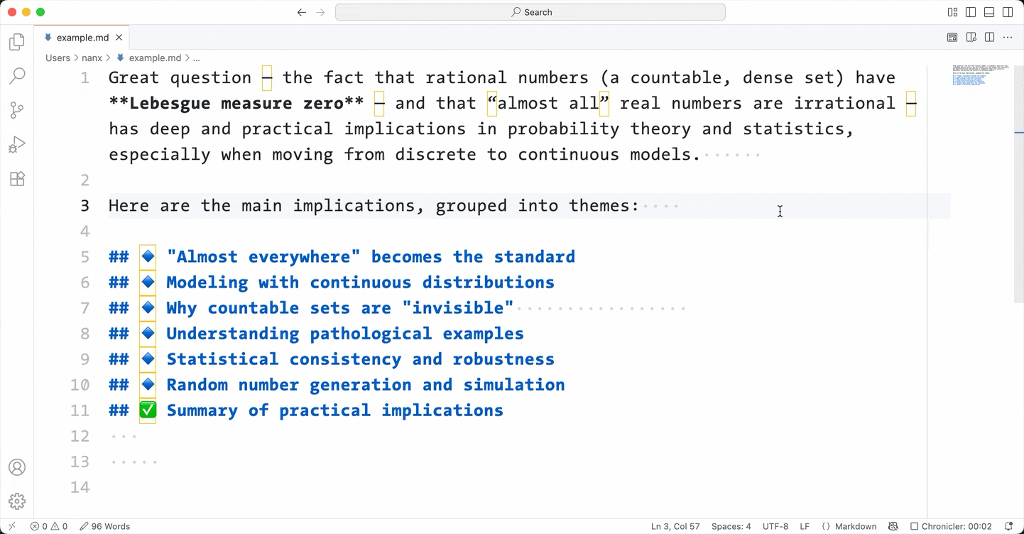 A demo showing the extension cleaning up AI-generated text. Typeface: TheSansMono by Lucas de Groot. Recorded with VS Code Chronicler. GIF produced with ffmpeg and gifski.