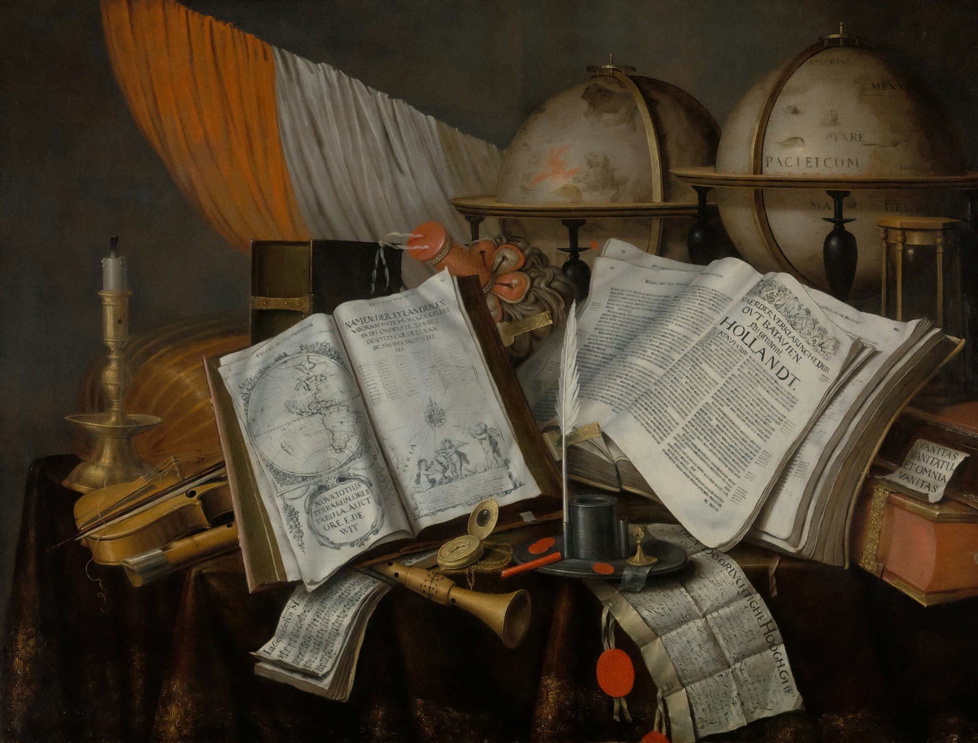 A Vanitas Still Life with a Flag, Candlestick, Musical Instruments, Books, Writing Paraphernalia, Globes, and Hourglass, 1662. Edwaert Collier (Dutch, 1642–1708). Scan from the Art Institute of Chicago.