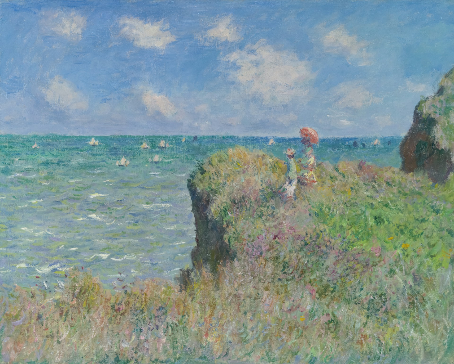 Cliff Walk at Pourville (1882) by Claude Monet: two women on a grassy cliff above the sea under a bright sky. Public domain. Source: Art Institute of Chicago.