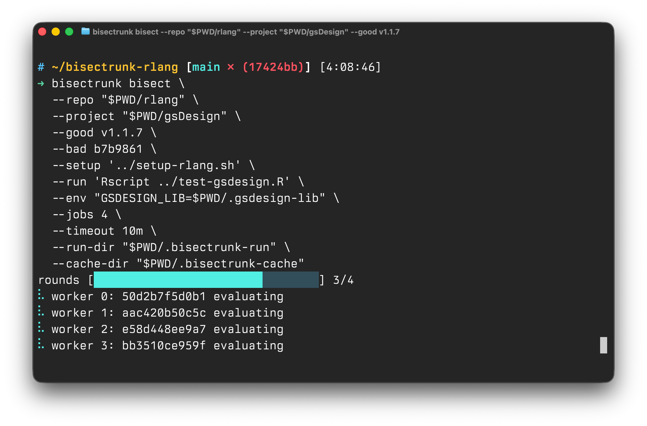 A Ghostty terminal showing the bisectrunk run in progress.