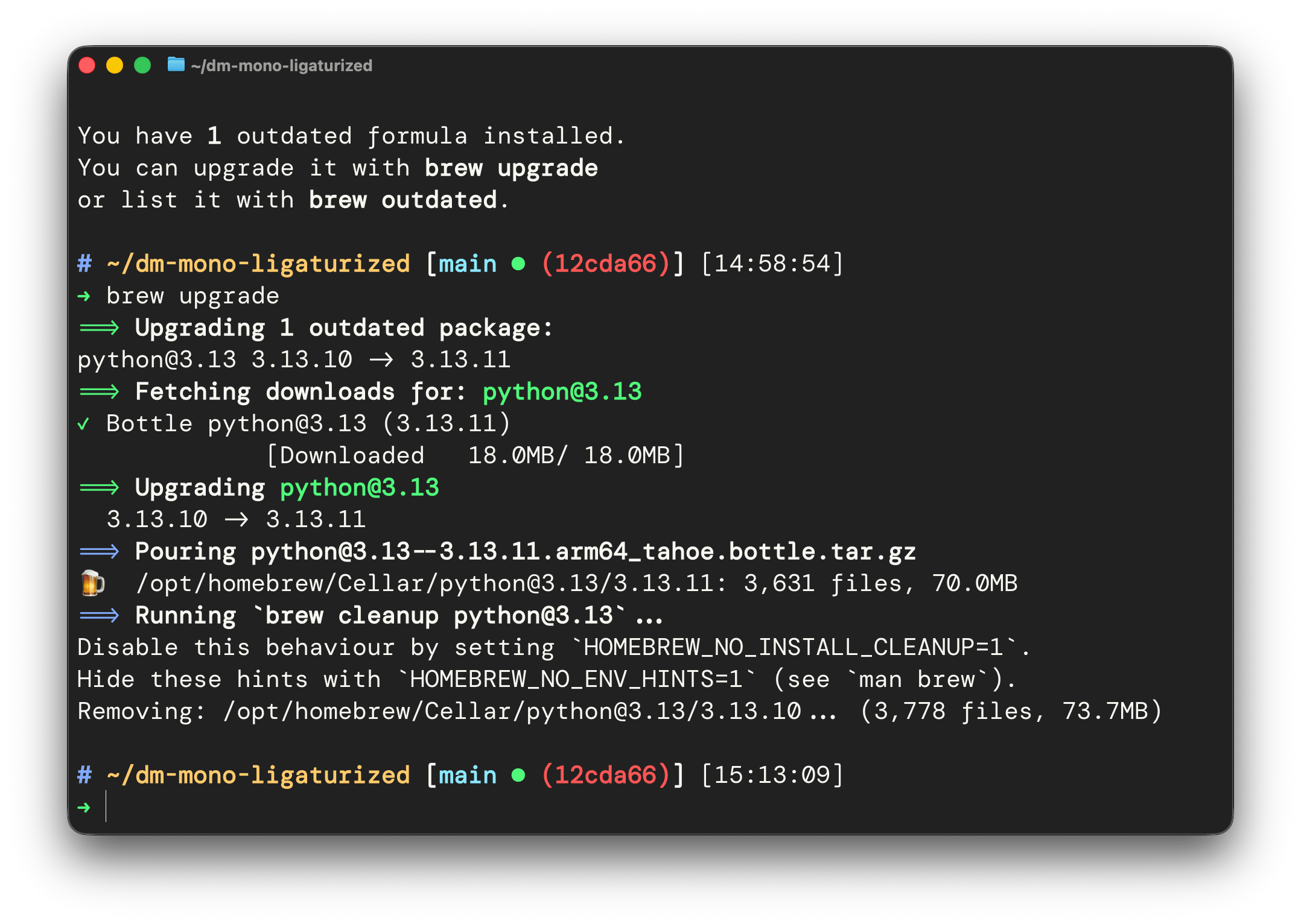 Ligaturized DM Mono in action: Running Homebrew in Ghostty. Theme: Dracula+.