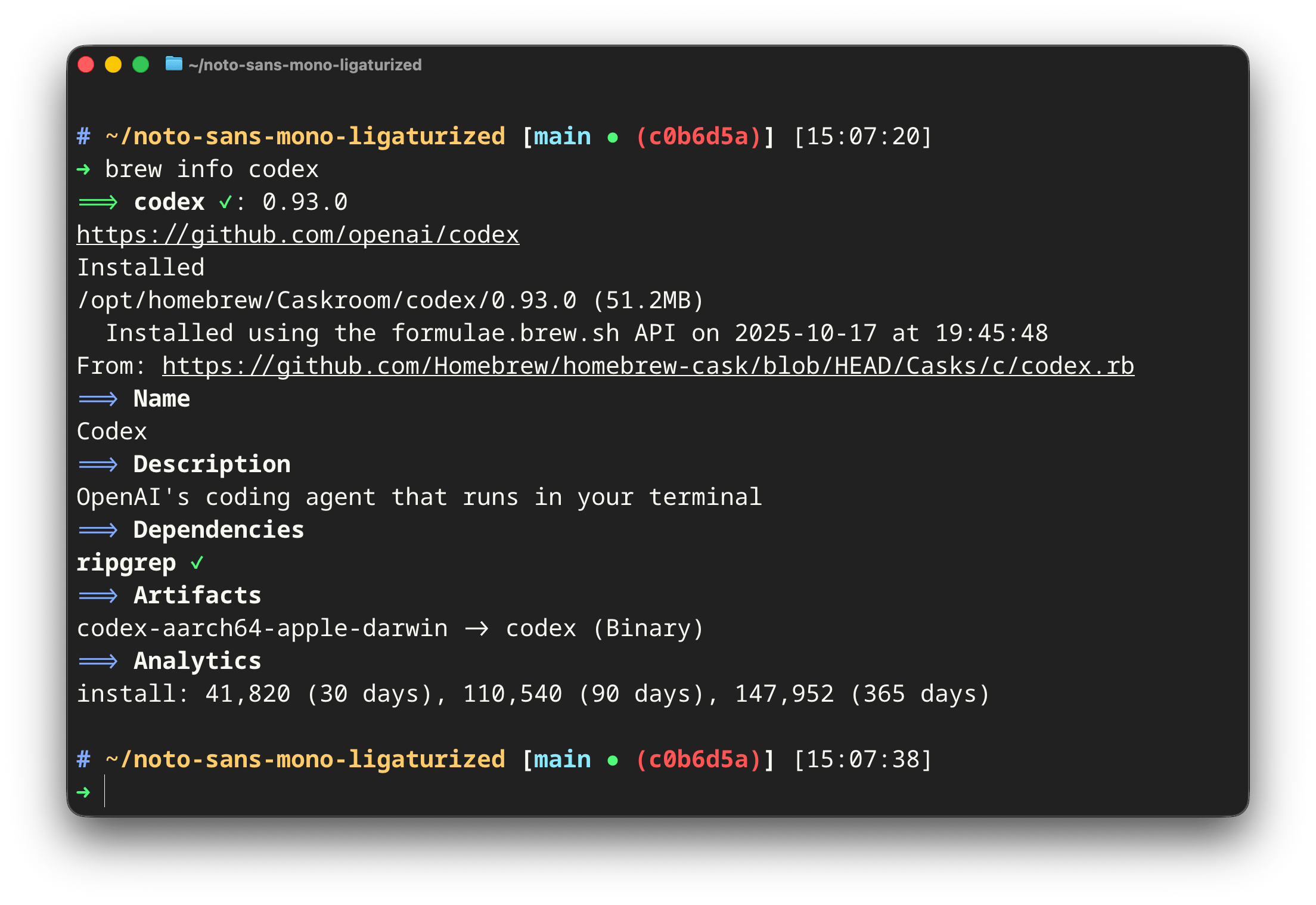 Liga Noto Sans Mono in action: Running brew info in Ghostty. Theme: Dracula+.