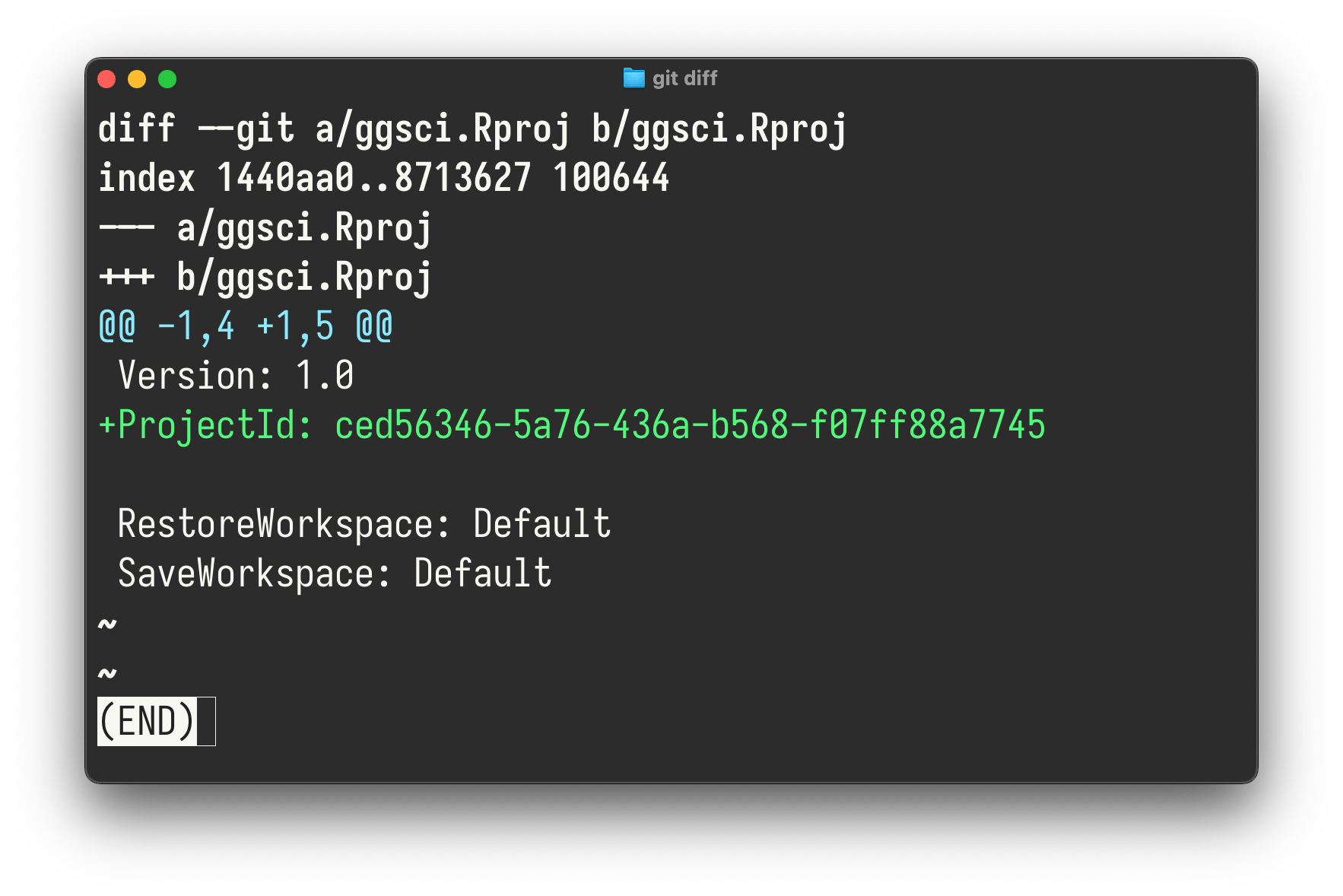 Git diff showing the ProjectID field added by RStudio 2024.12.0. Terminal: Ghostty. Theme: Dracula+. Font family: Iosevka Term.