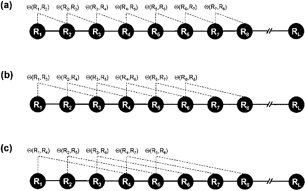 Figure 6: A schematic drawing to show (a) the first-tier, (b) the second-tier, and (3) the third-tier sequence order correlation mode along a protein sequence. Panel (a) reflects the correlation mode between all the most contiguous residues, panel (b) between all the second-most contiguous residues, and panel (c) between all the third-most contiguous residues. This figure is from @choupaac.